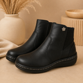 Botín De Piel Confort Casual Negro Con Flor Plata