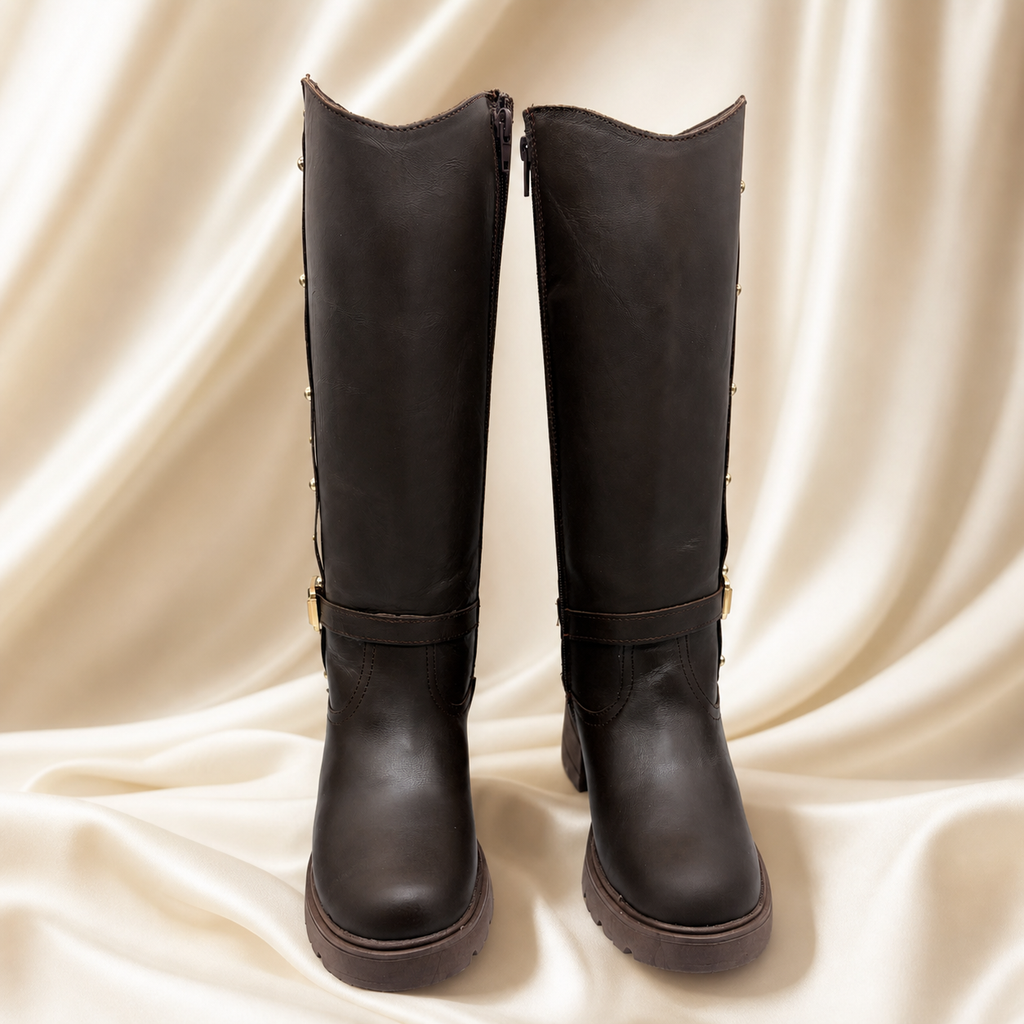 Bota piel café con estoperoles para mujer