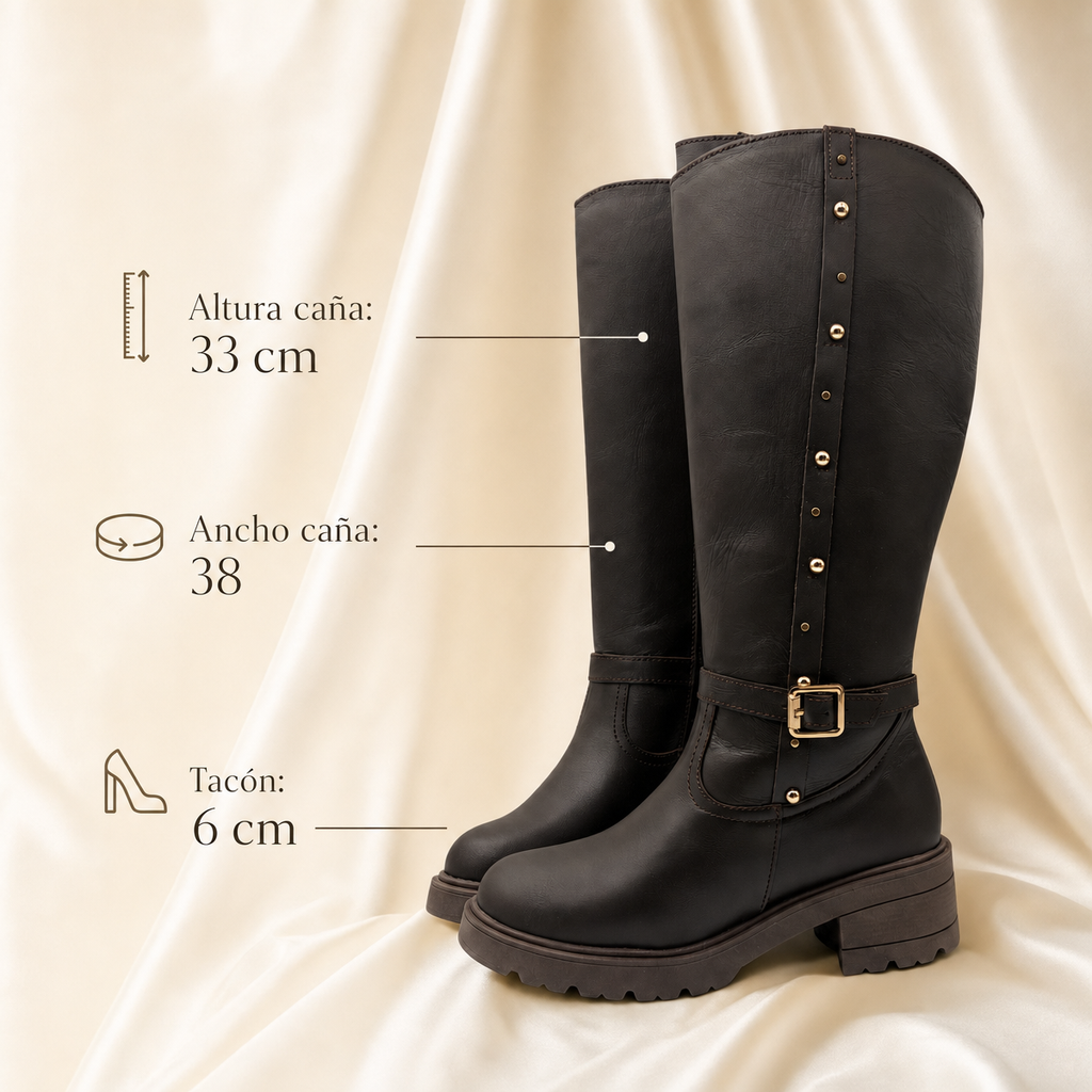 Bota piel café con estoperoles para mujer
