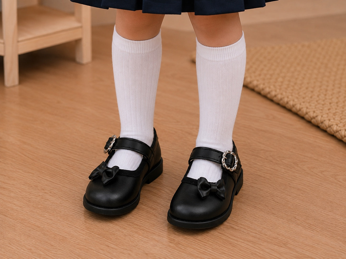 Calzado Escolar Para Niñas Color Negro Con Hermoso Moño y hebilla de corazon