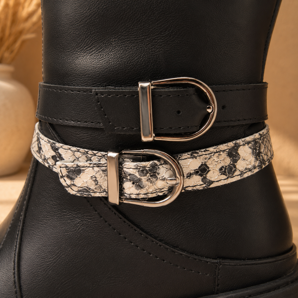 Botas De Piel Negras Para Mujer Con Tiras Antiderrapante