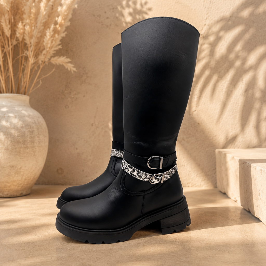 Botas De Piel Negras Para Mujer Con Tiras Antiderrapante