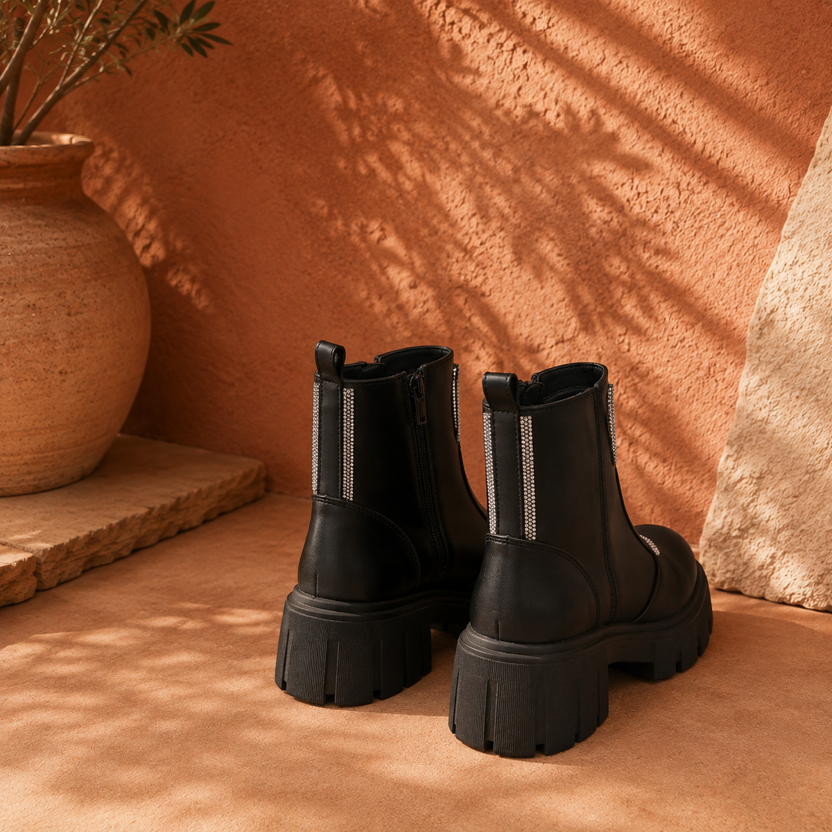 Botín Negro Para Mujer Con Tiras De Brillos Y Suela Gruesa