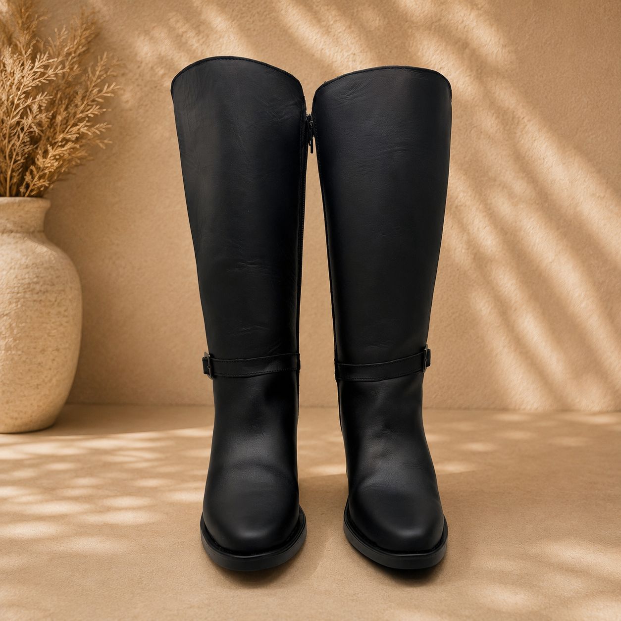 Bota Larga de Piel Negra con Hebilla para Mujer