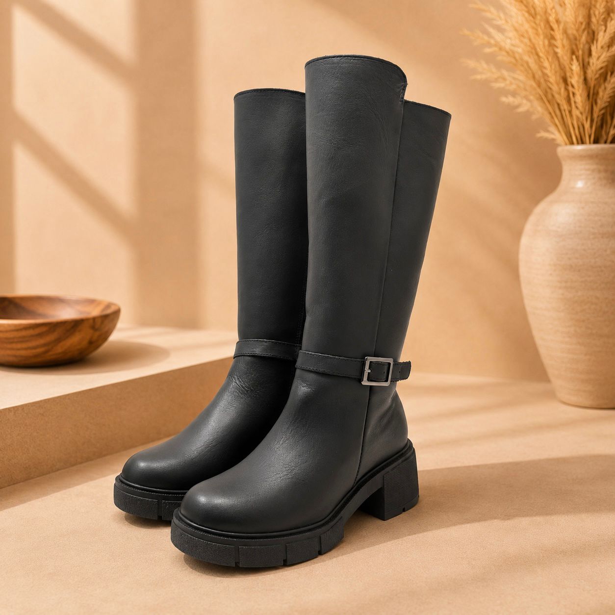 Bota Larga de Piel Negra para Mujer con Tacón