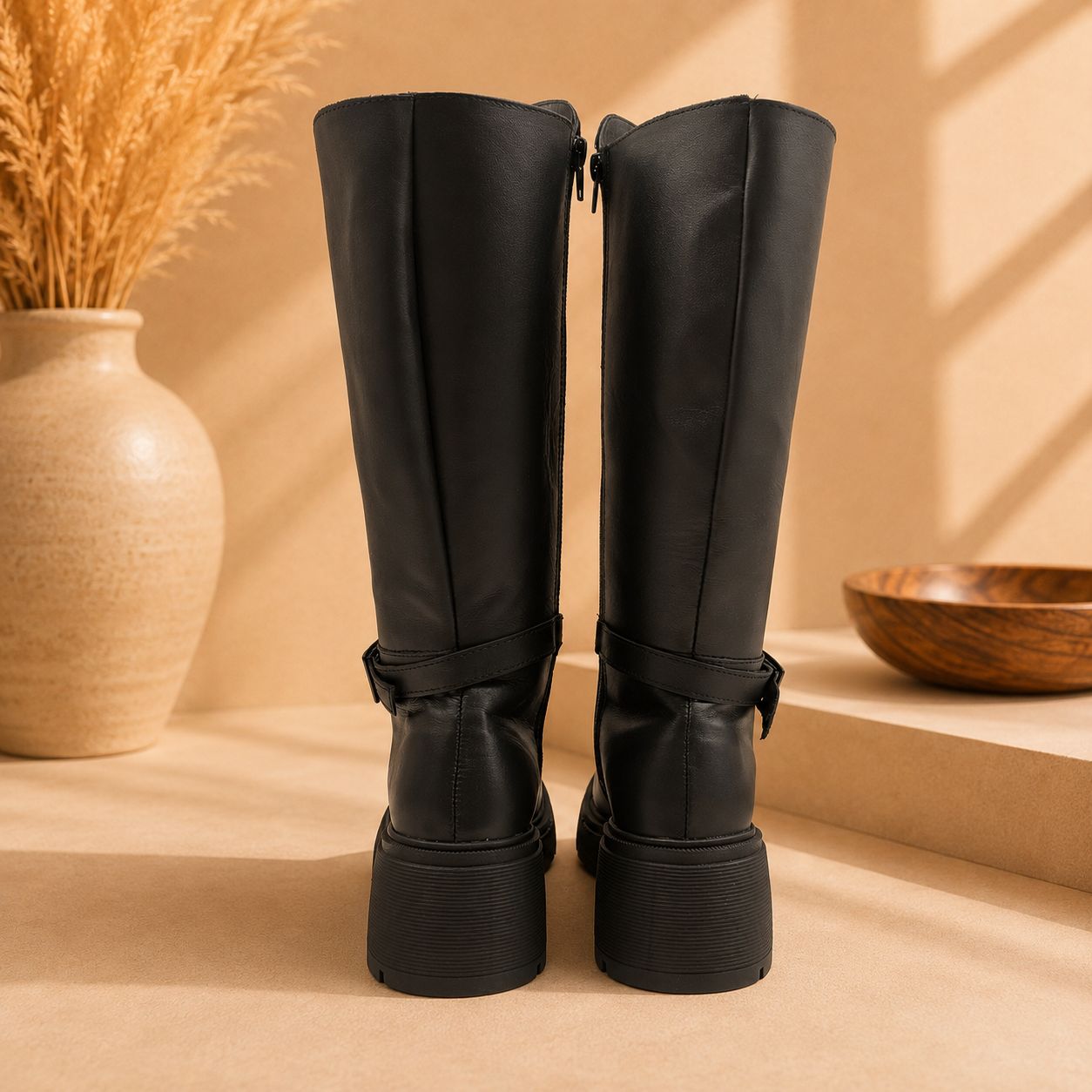 Bota Larga de Piel Negra para Mujer con Tacón