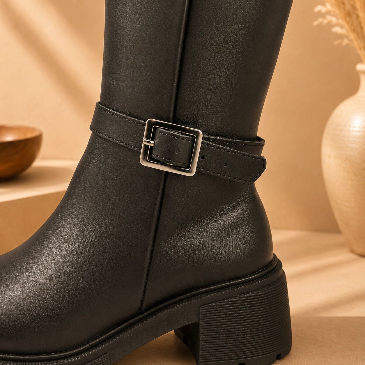 Bota Larga de Piel Negra para Mujer con Tacón