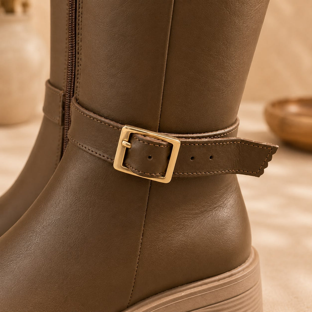 Bota Larga de Piel Café para Mujer con Plataforma