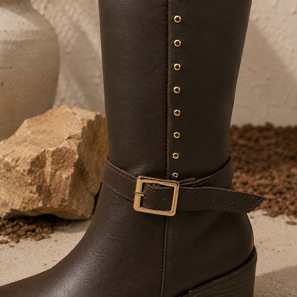 Bota Vaquera Piel Genuina Castaña Con Estoperoles Para Mujer