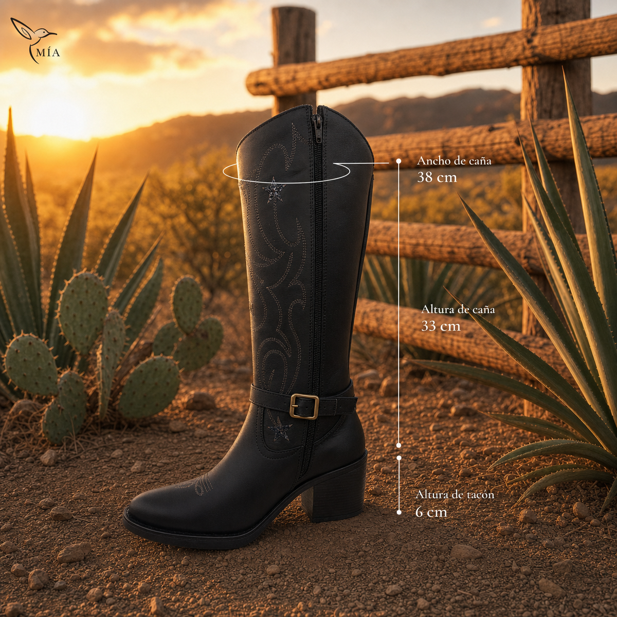 Bota Vaquera De Piel Negra Para Mujer Con Estrellas Y Brillo