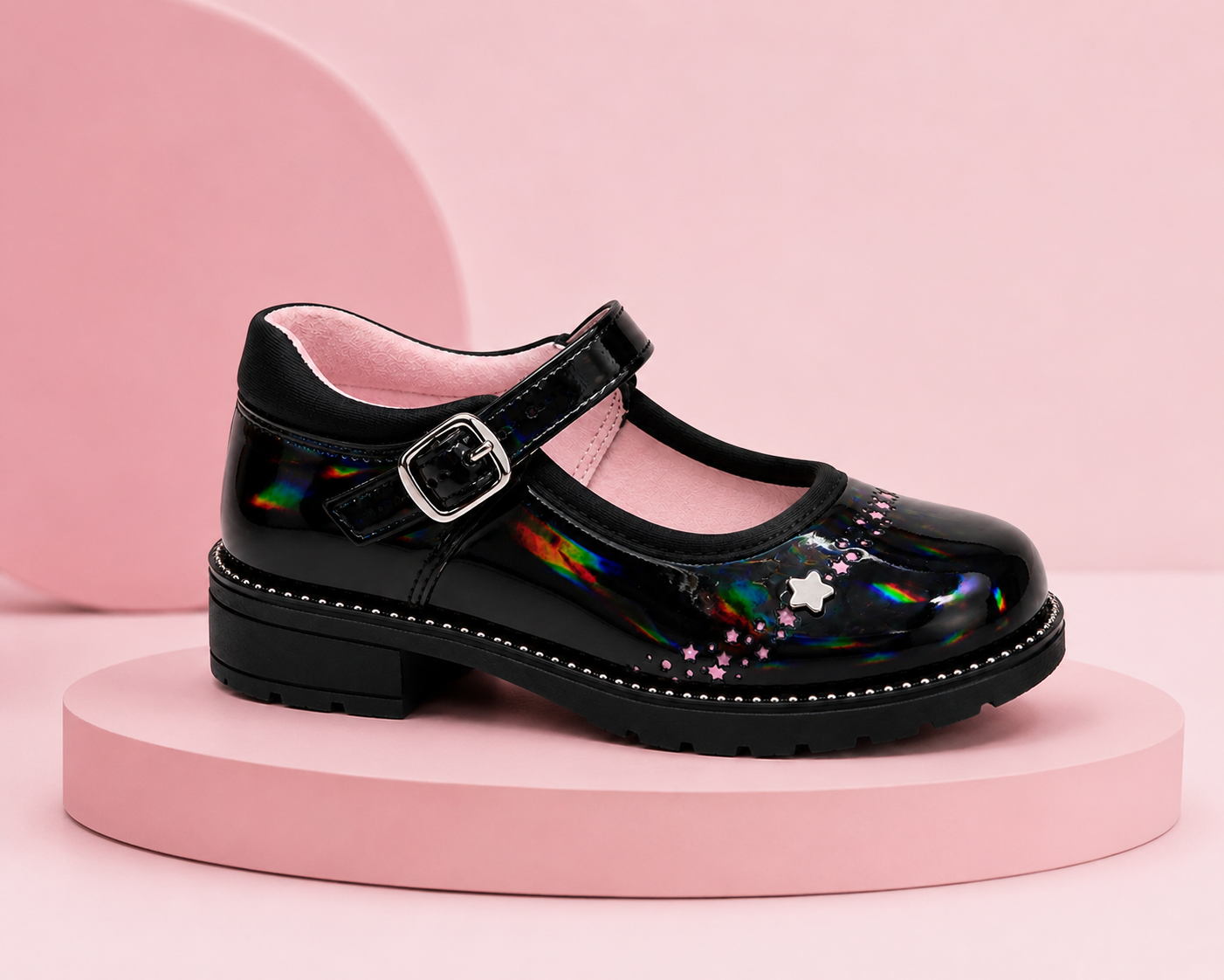Calzado Escolar Para Niña Con Estrella Y Detalles En Rosa.