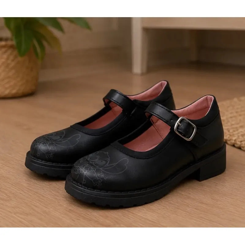 Calzado Escolar Para  Niñas  Color Negro Con Dibujo Animado