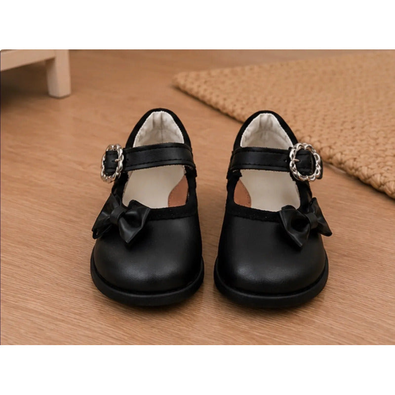 Calzado Escolar Para Niñas Color Negro Con Hermoso Moño