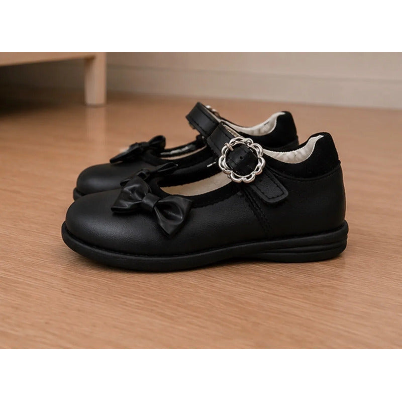 Calzado Escolar Para Niñas Color Negro Con Hermoso Moño