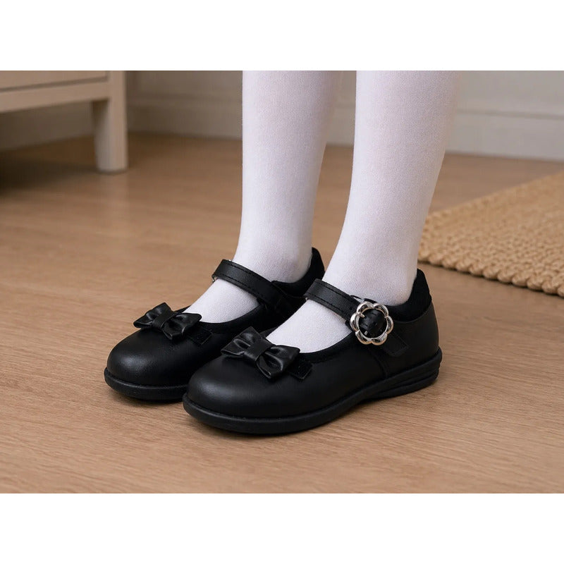 Calzado Escolar Para Niñas Color Negro Con Hermoso Moño