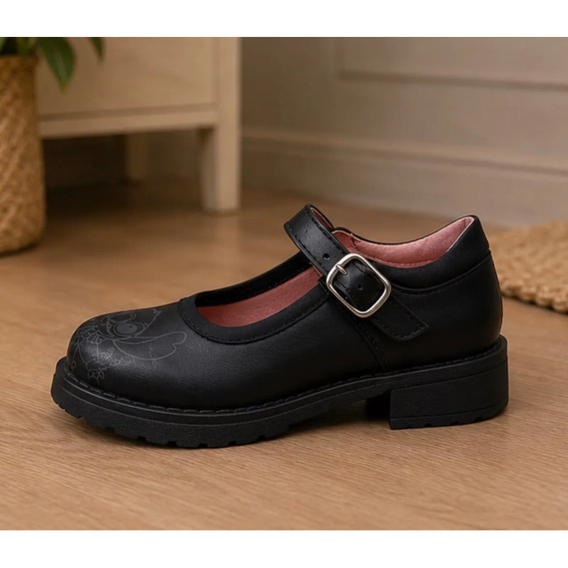Calzado Escolar Para  Niñas  Color Negro Con Dibujo Animado