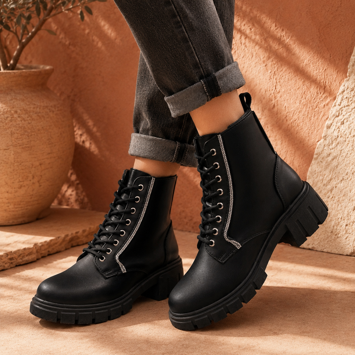 Botín Negro Para Mujer Con Tiras De Brillos Y Suela Gruesa