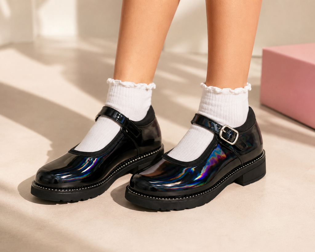 Zapato escolar tornasol, vista lateral